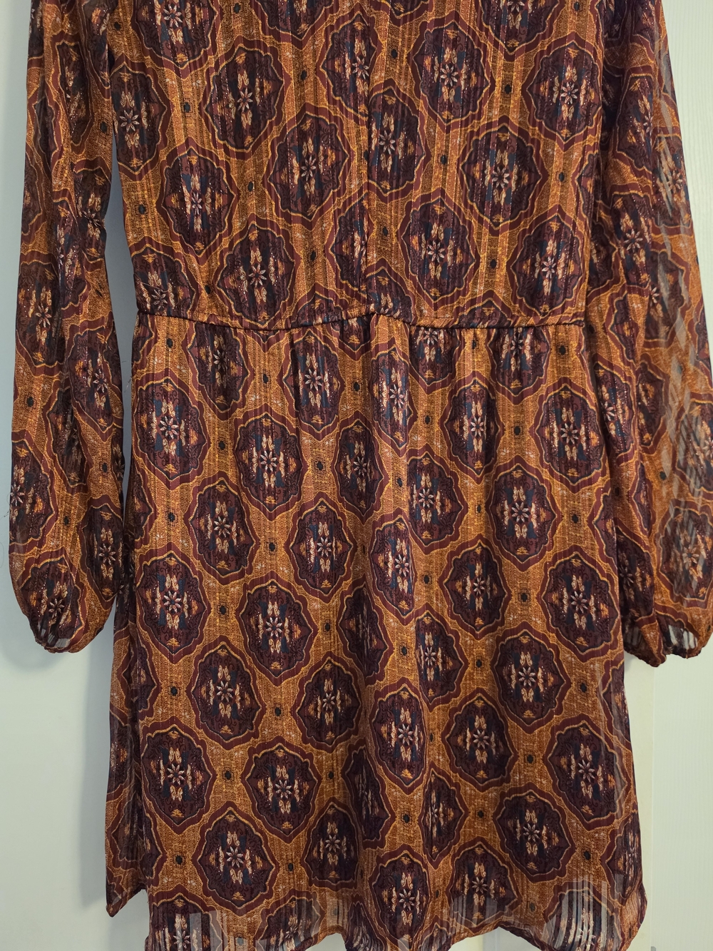 Women's Long Sleeve Printed Rust and Plum Dress - Picture 7 of 8
